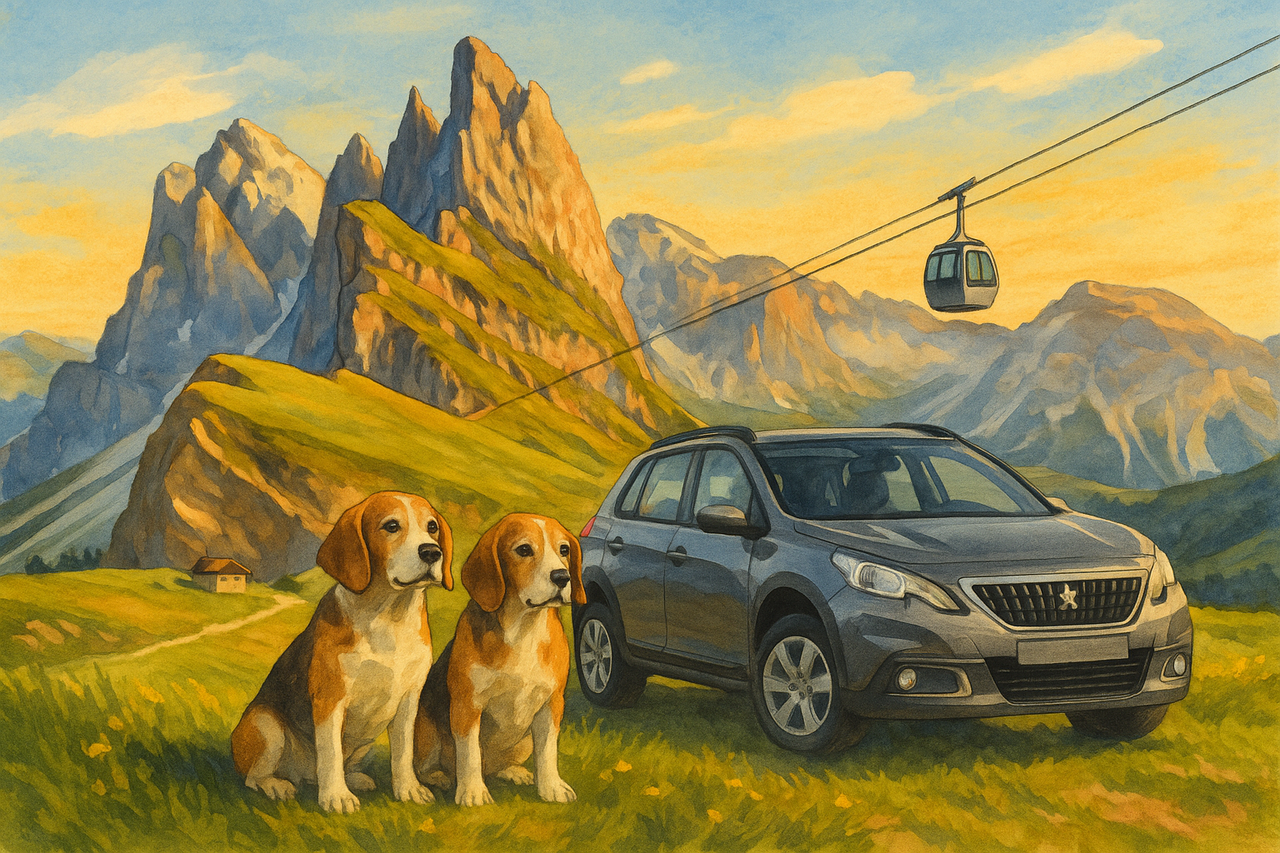 Dolomites summer scene with Peugeot 2008, two beagles and cable car
